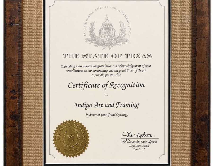 Framed diploma with double mat and white frame